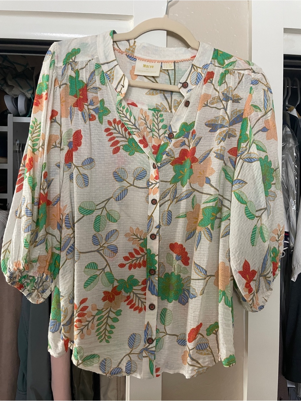 Anthropologie Cream Floral Button Blouse with Green & Red Accents